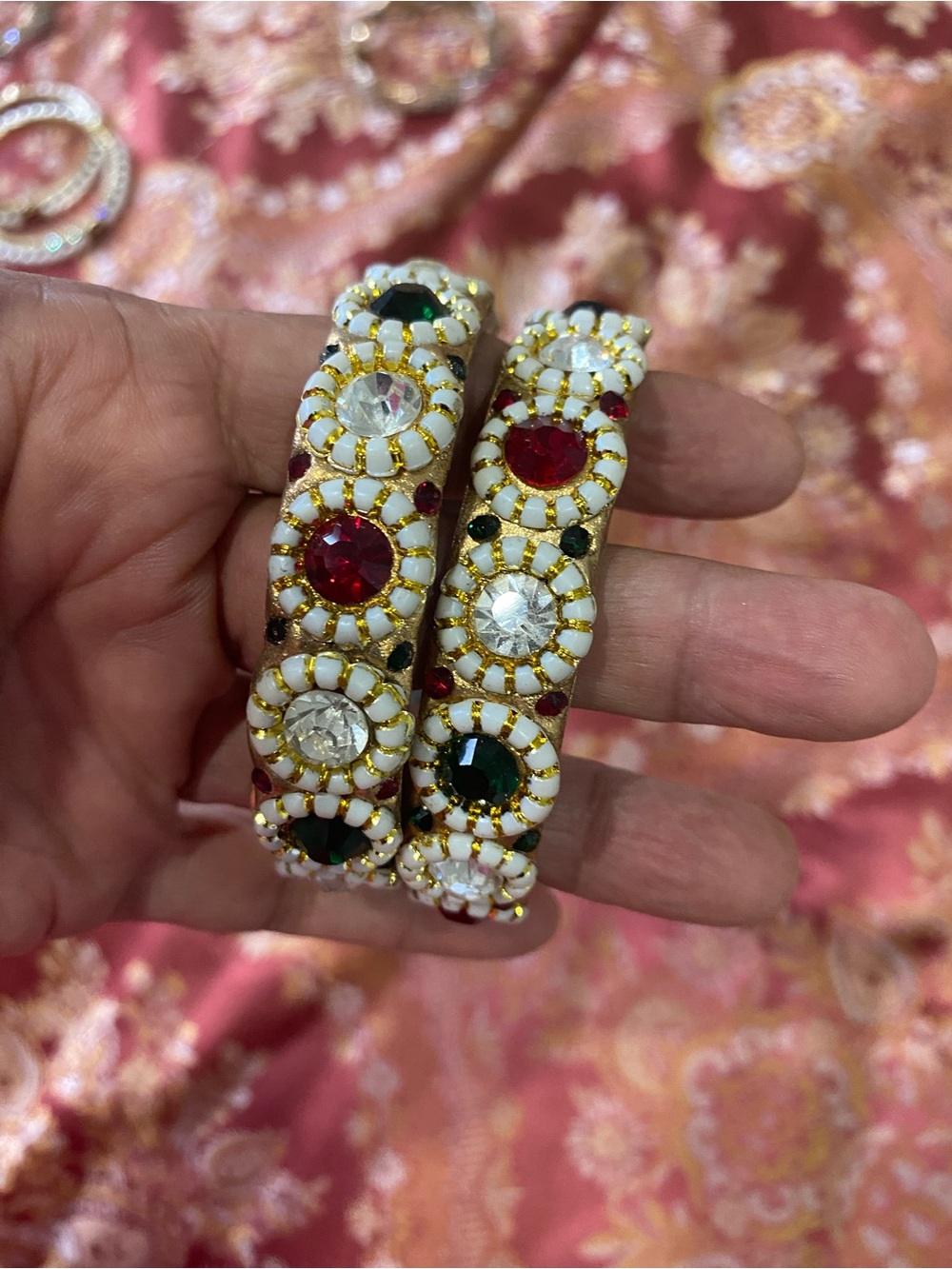 Handcrafted White, Red & Green Crystal Bridal Bangles